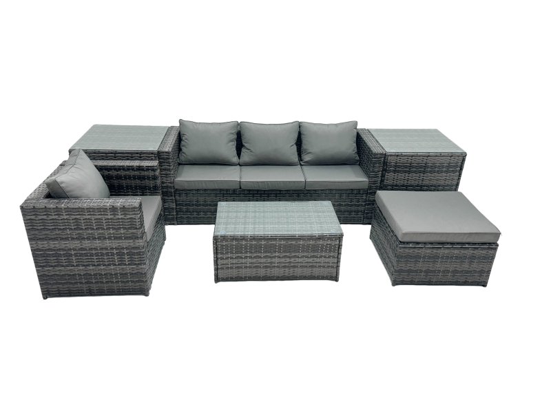 Fimous Outdoor Coffee Table Sofa Armchair Set with Side Table Big Stool Garden Furniture Set Dark Grey Mixed