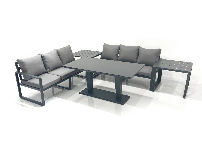 Fimous 6 Seater Aluminium Outdoor Garden Furniture Set with Adjustable Rising Lifting Dining Table 3 Seater Sofa 2 Side Tables Dark Grey