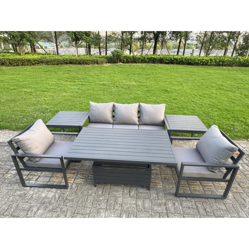 Fimous 5-Piece Aluminium Garden Furniture Sets 5 Seater Outdoor Sofa Set with Adjustable Rising Lifting Dining Table 2 Chairs Side Table