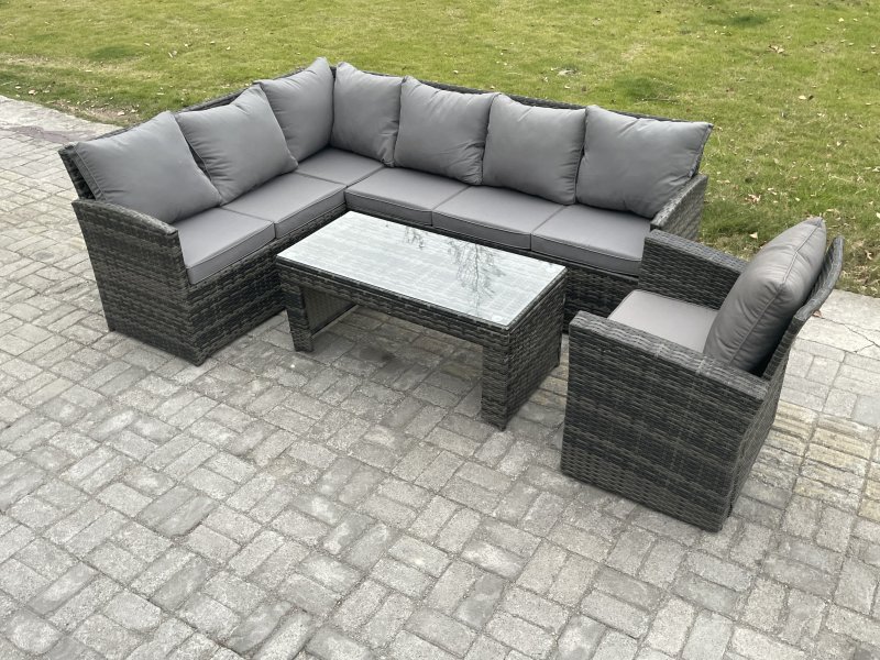 Fimous 7 Seater Outdoor Rattan Garden Furniture Set Corner Sofa Oblong Coffee Table Sets with Patio Armchair Dark Grey Mixed