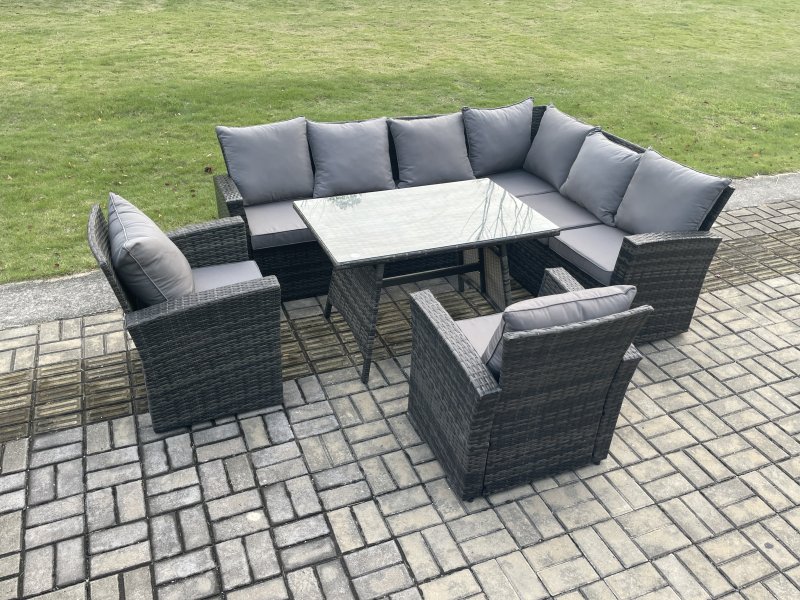 Fimous High Back Outdoor Garden Furniture Set Rattan Corner Sofa Dining Table Set With 2 Armchairs 8 Seater Dark Grey Mixed