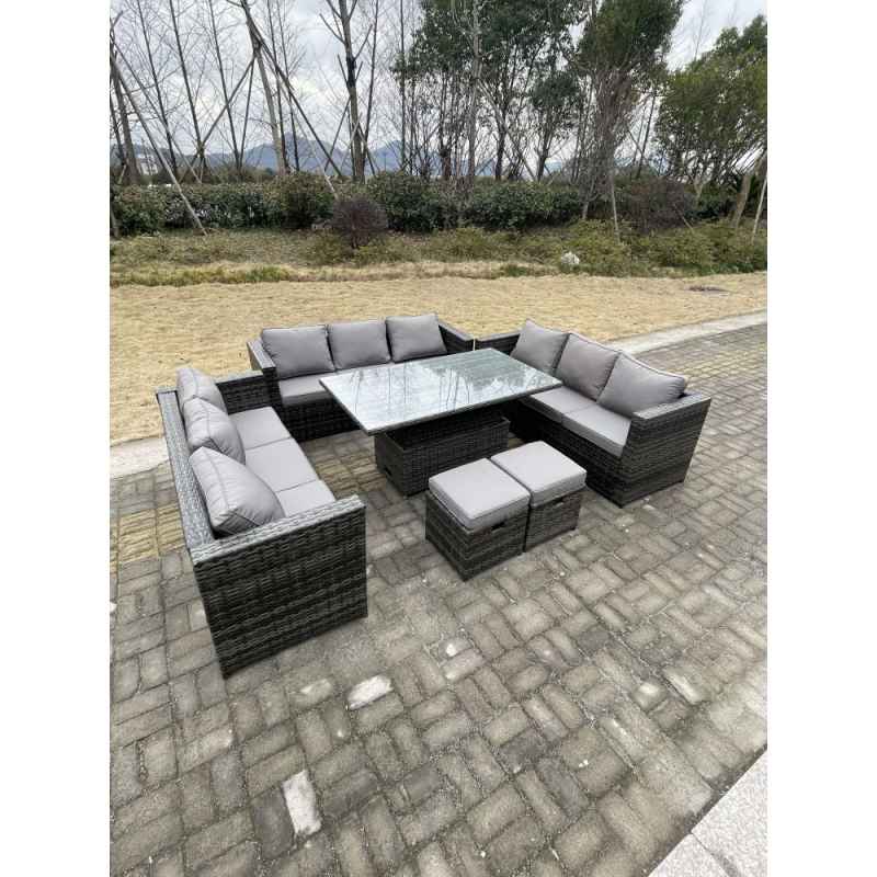 Fimous U Shape?Outdoor Rattan Garden Furniture Sofa Set Lounge Adjustable Rising Lifting Tables Footstool Dark Grey Mixed