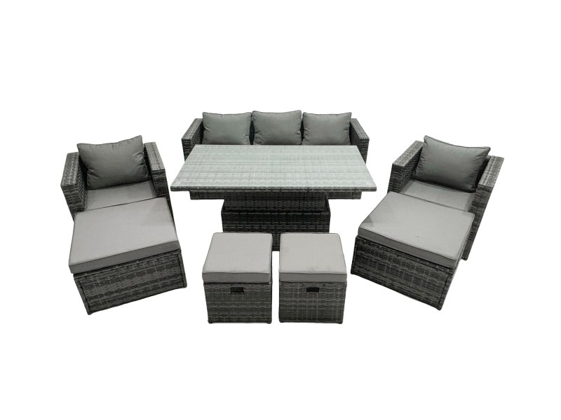 Fimous PE Rattan Garden Furniture Set Lounge Sofa Rising Dining Table Set with 4 Footstool Dark Grey Mixed