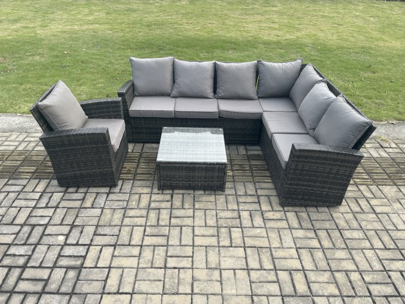 Fimous Wicker PE Outdoor Garden Furniture Set High Back Rattan Corner Sofa Set with Armchair Square Coffee Table