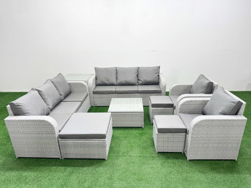 Fimous PE Rattan High Back Lounge Sofa Set Patio Square Coffee Table & Chairs Set with 3 Seater Sofa Reclining Chair 3 Stools Side Table Light Grey
