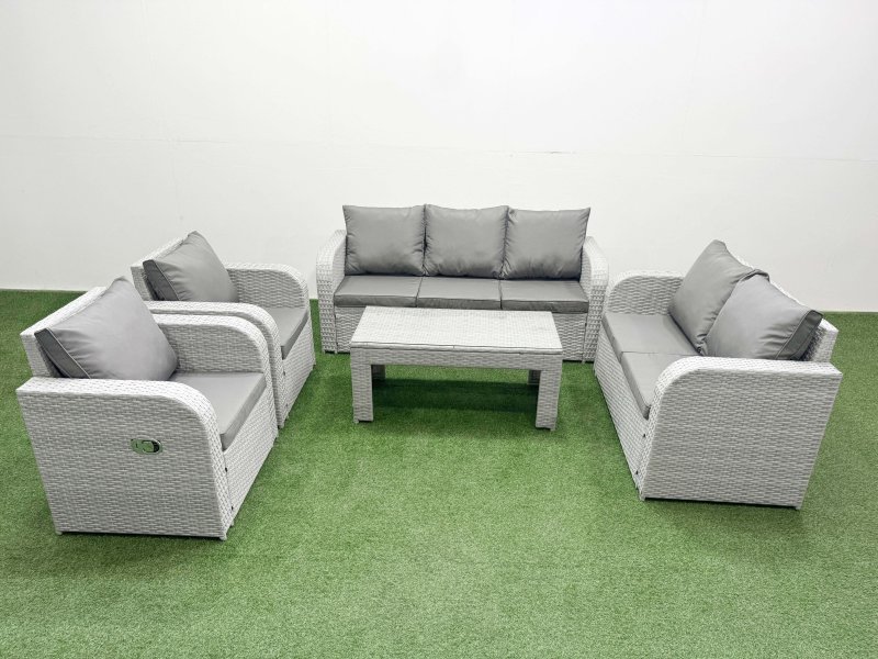 Fimous PE Rattan Garden Furniture Set Adjustable Chair Sofa Double Love Seat 2 Seater Sofa Lounge Set Rectangular Coffee Table Light Grey