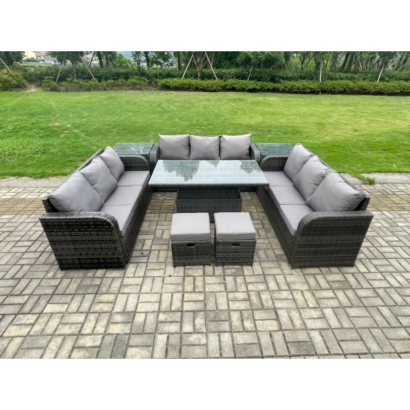 Fimous 11 Seater Garden Dining Sets Outdoor Rattan Furniture Lounge Sofa Height Adjustable Rising lifting Table With 2 Side Tables 2 Small Footstools Dark Grey Mixed