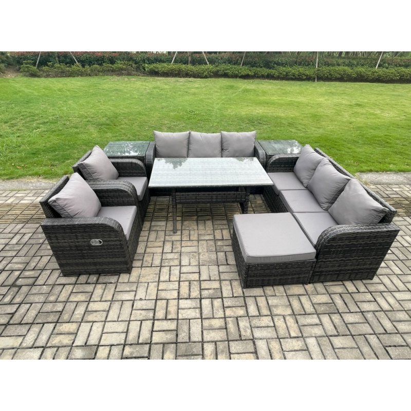 Fimous Outdoor Garden Patio Furniture Wicker Rattan Oblong Rectangular Dining Table and Lounge Sofa set with 2 Side Table Big Footstool Dark Grey Mixed