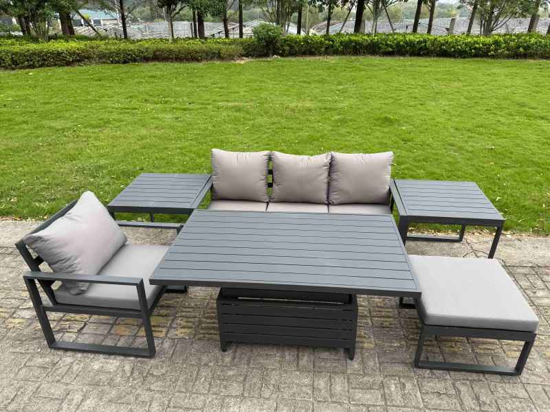 Fimous Aluminium Garden Furniture Set 5 Piece Aluminium Lounge Seating Adjustable Rising Lifting Dining Table Set with Side Table Big Footstool Dark Grey