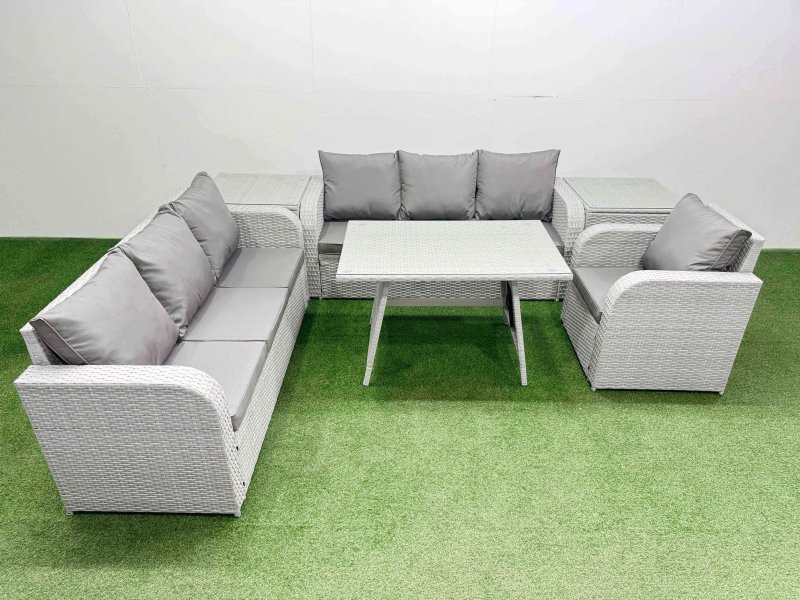 Fimous 6 Pieces Outdoor PE Rattan Garden Furniture with Cushions Reclining Chair 2 Side Tables Light Grey