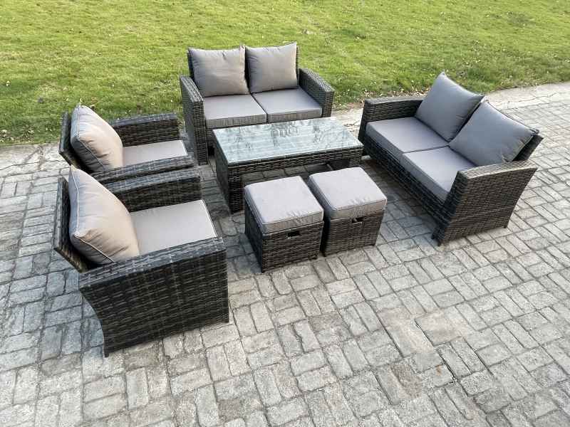 Fimous 8 Seater Dark Grey Mixed High Back Rattan Sofa Set Coffee Table Garden Furniture Outdoor Patio With Love Sofa Arm Chairs 2 Small Footstools