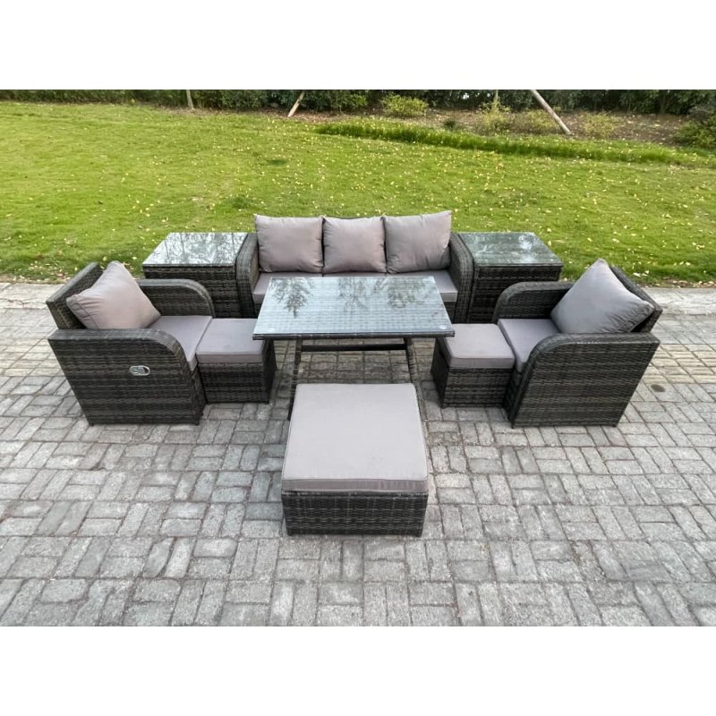 Fimous Rattan Wicker Garden Furniture Patio Conservatory Sofa Set with Rectangular Dining Table Reclining Chair 3 Seater Sofa 3 Footstools 2 Side Tables 8 Seater