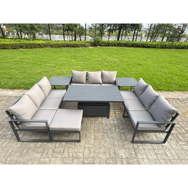 Fimous U-shaped Garden Furniture Set 10-Seater Aluminium Outdoor Dining Set with Adjustable Rising Lifting Dining Table Side Table Big Footstool Dark Grey