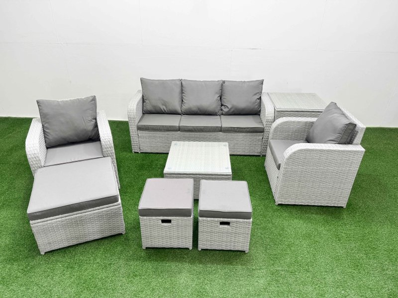Fimous PE Rattan Garden Furniture Set Reclining Chair Sofa Lounge Sofa Set Square Coffee Table Side Table 3 Stools Light Grey