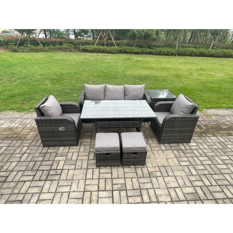 Fimous Wicker PE Rattan Garden Furniture Set Outdoor Rectangular Dining Table and Chair Sofa Set With Side Table 2 Small Footstools Dark Grey Mixed