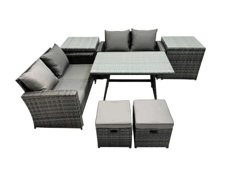 Fimous 6 Seater Wicker PE Rattan Furniture Outdoor Dining Table Double Seat Sofa 2 Small Stools 2 Side Table Set Dark Grey Mixed
