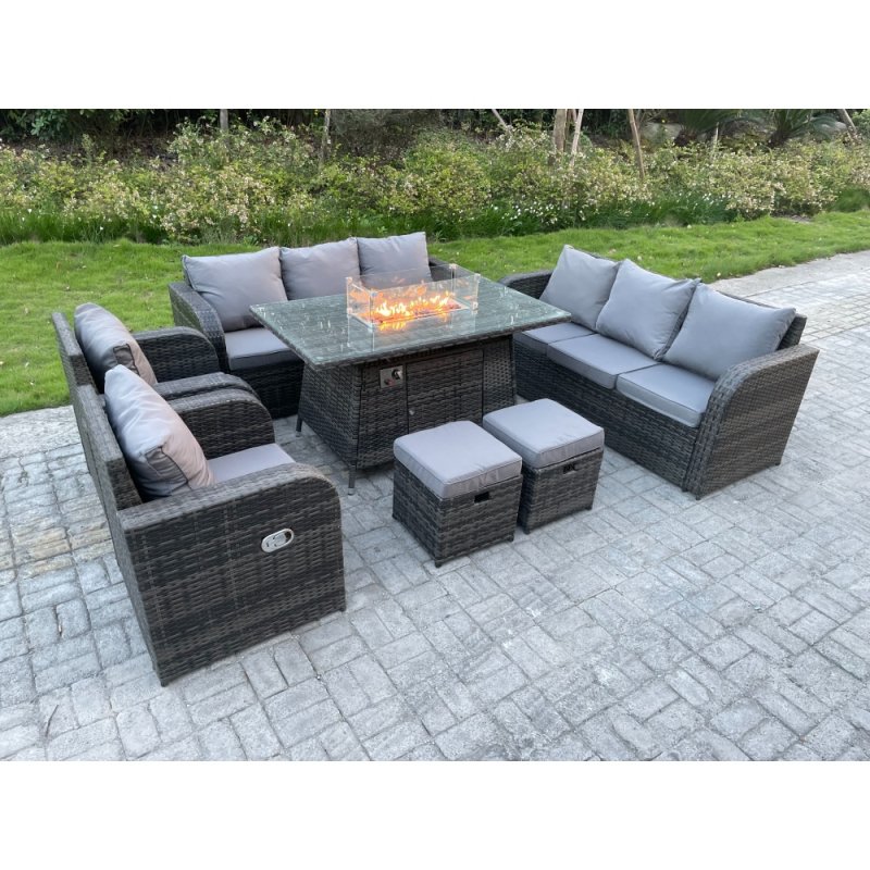 Fimous Outdoor Rattan Garden Furniture High Back Sofa Set Fire Pit Dining Table Gas Heater 2 Recling Chairs 3 Seater Lounge Sofa Footstools 10 Seater
