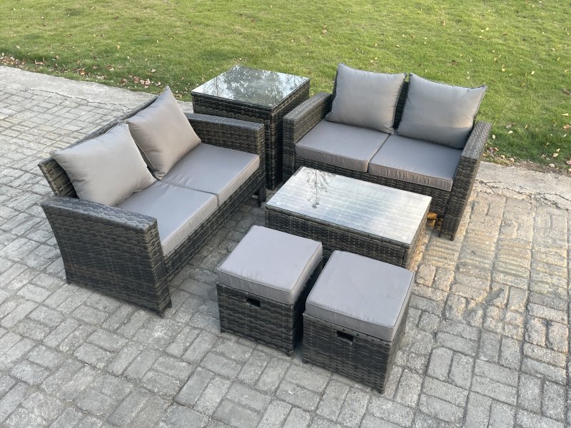 Fimous Wicker Rattan Garden Furniture Sofa Set with Rectangular Coffee Table Double Seat Sofa 2 Small Footstool Side Table 6 Seater Outdoor Rattan Set Dark Grey Mixed