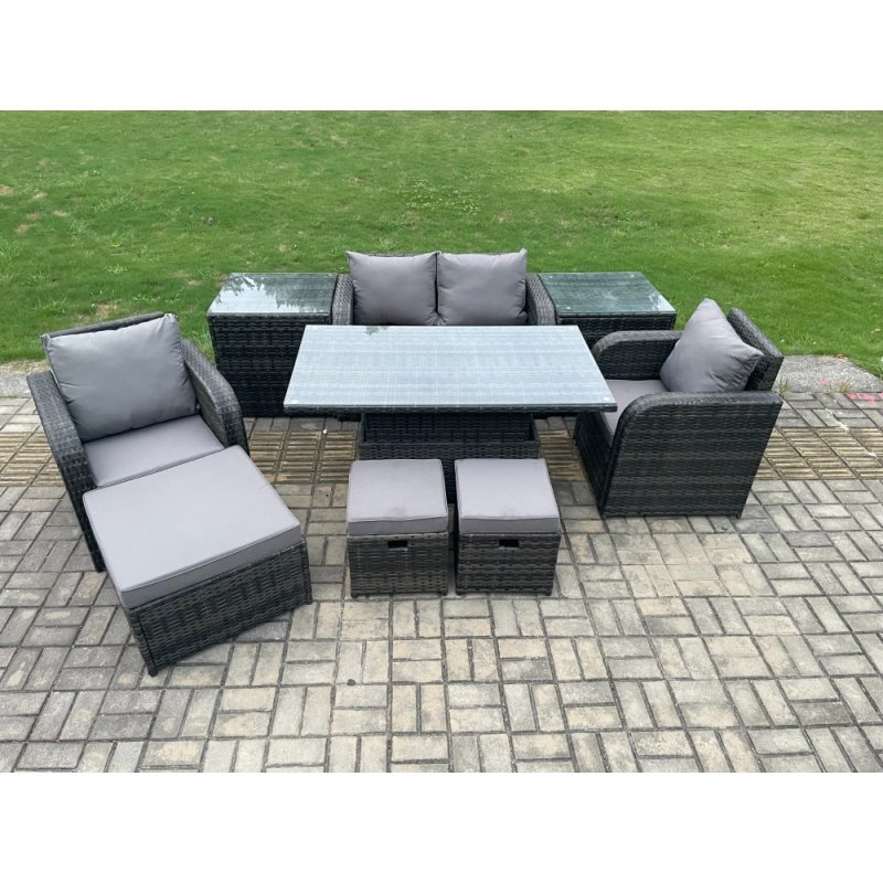Fimous Rattan Furniture Outdoor Garden Dining Set Patio Height Adjustable Rising lifting Table Love Sofa Chair With 2 Side Tables Stools
