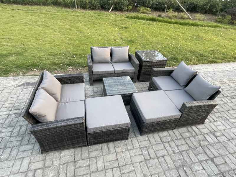 Fimous Outdoor Lounge Sofa Set Wicker PE Rattan Garden Furniture Set with Square Coffee Table Double Seat Sofa 2 Big Footstool Side Table Dark Grey Mixed