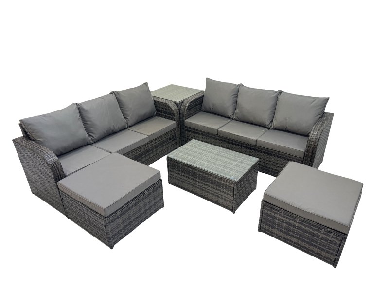 Fimous Outdoor 3 Seater Sofa Coffee Table Set Garden Rattan Furniture Set 8 Seater with 2 Big Stools Side Table Dark Grey