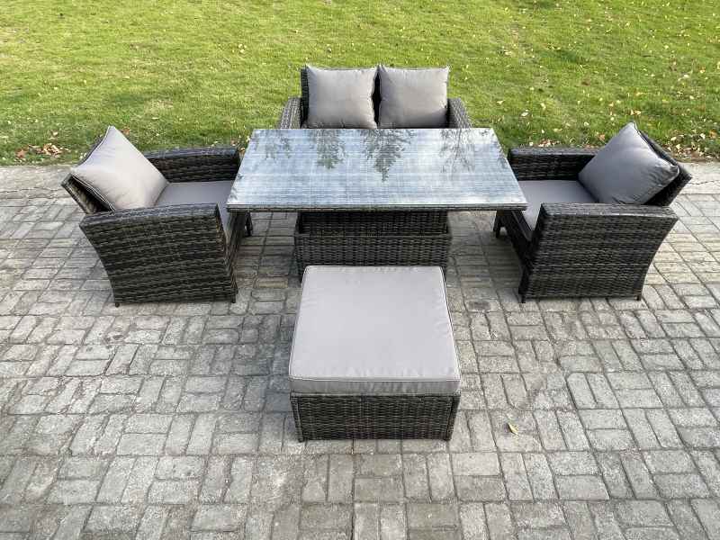 Fimous Outdoor Garden Dining Sets 5 Seater Rattan Patio Furniture Sofa Set with Rising Lifting Table Big Footstool Dark Grey Mixed