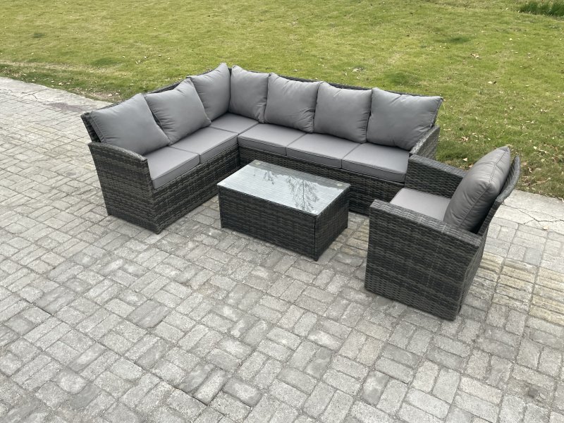 Fimous Rattan Lounge Corner Sofa Set Wicker PE Outdoor Garden Furniture Set with Rectangular Coffee Table Armchair Dark Grey Mixed