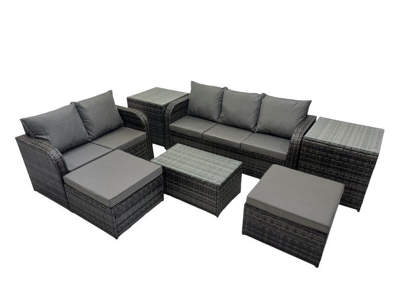 Fimous Outdoor Love Sofa 3 Seater Sofa Coffee Table Set Garden Rattan Furniture Set 7 Seater with 2 Side Tables 2 Big Stool Dark Grey