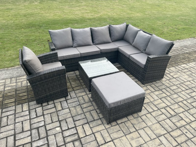 Fimous 8 Seat Rattan Garden Furniture Corner Sofa Set Outdoor Patio Sofa Chair Table Set with Big Footstool Dark Grey Mixed