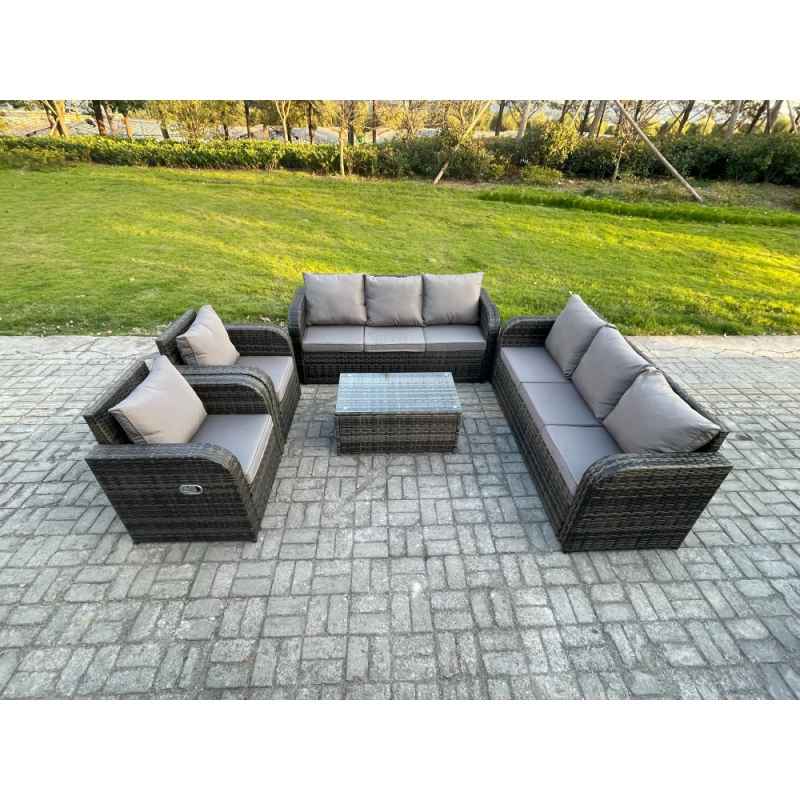 Fimous Rattan Outdoor Garden Furniture Sofa Set Patio Table & Chairs Set with 3 Seater Sofa Reclining Chair Dark Grey Mixed