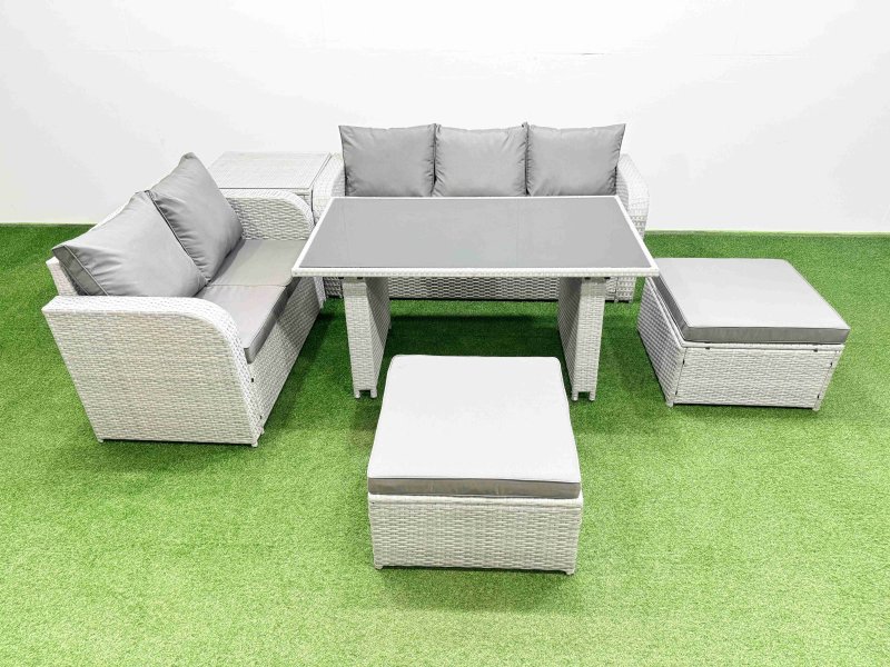 Fimous Garden Furniture Set PE Ratten Garden Sofa Set with Rectangular Dining Table 2 Big Stool Side Table Light Grey