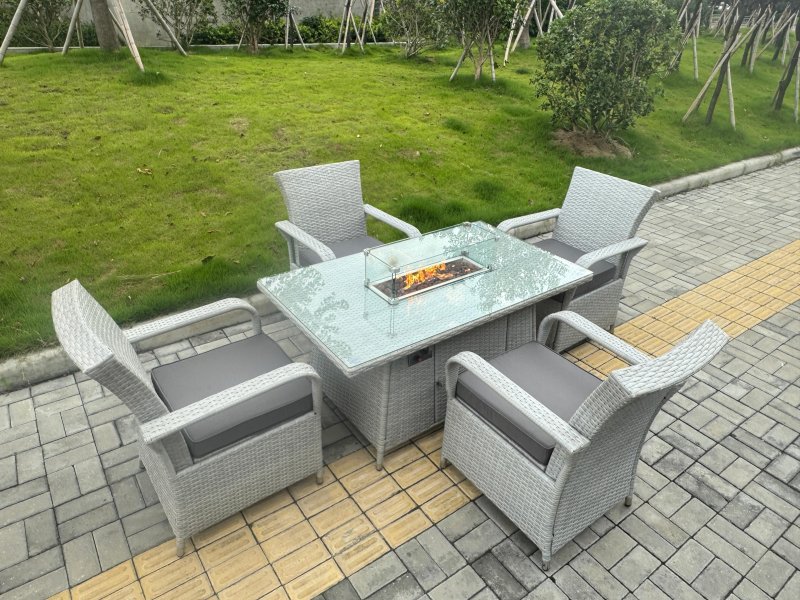 Fimous Light Grey Rattan Outdoor Garden furniture Set Gas Fire Pit Table and 4 Chairs Set with Seat Cushion