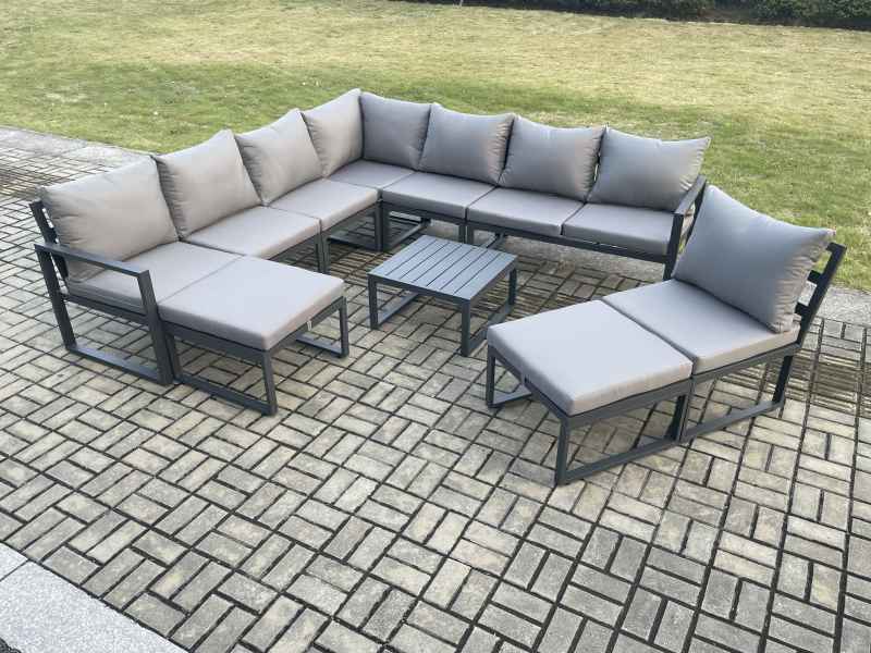 Fimous 10 Seater Patio Outdoor Garden Furniture Aluminium Lounge Corner Sofa Set with Square Coffee Table 2 Big Footstools Dark Grey