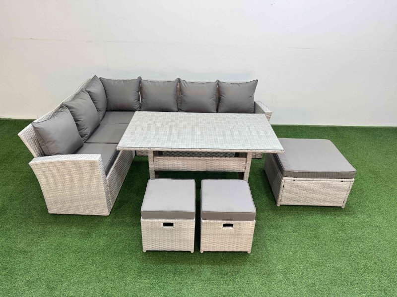 Fimous 9 Seater Rattan Garden Furniture Set Outdoor Patio Dining Corner Sofa Sets with Dining Table 3 Footstools Light Grey Mixed
