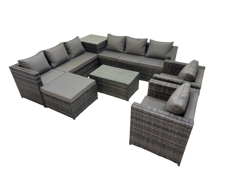 Fimous 9 Seater Garden Outdoor Rattan Furniture Set Patio Corner Sofa Rectangular Coffee Table with Big Stool Side Table Dark Grey