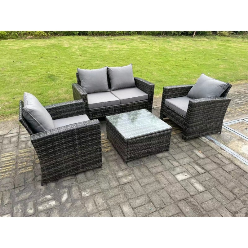 Fimous 4 Seater Dark Grey Mixed High Back Rattan Sofa Set Square Coffee Table Garden Furniture Outdoor Patio