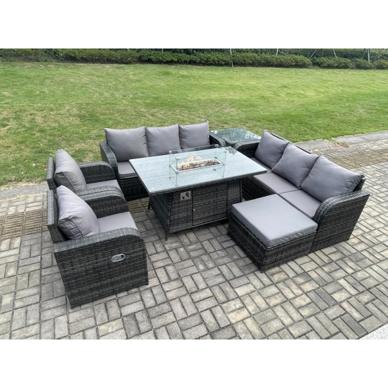 Fimous Garden Patio Furniture Wicker Rattan Gas Fire Pit Table and Sofa set with Recling Chair Side Table Big Footstool