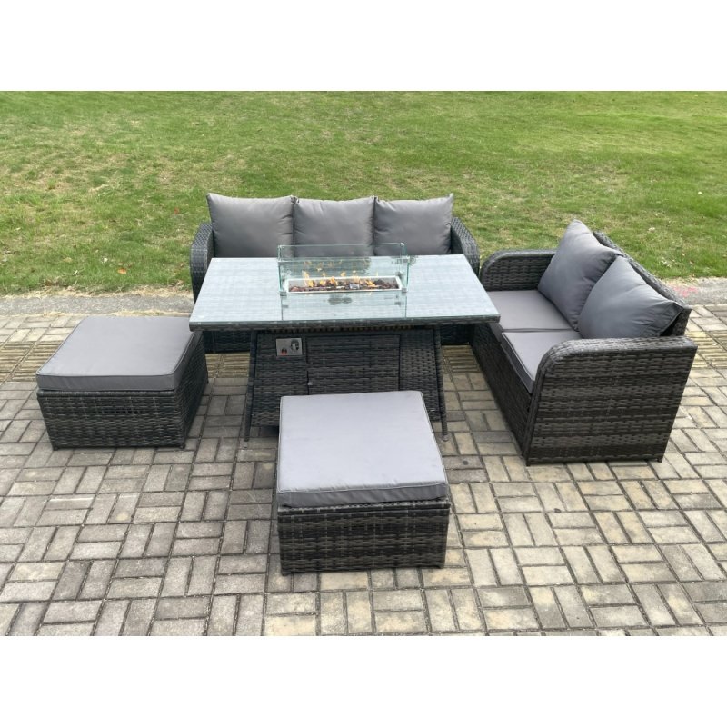Fimous PE Wicker Outdoor Rattan Garden Furniture Set Propane Gas Fire Pit Table and Sofa set with 2 Big Footstool