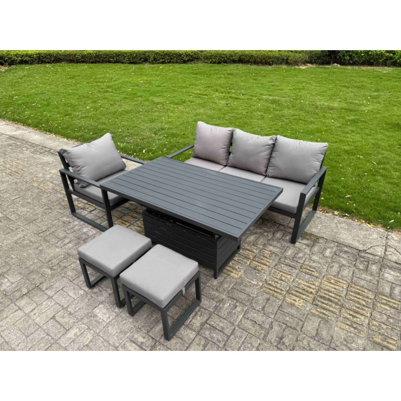 Fimous Aluminium Garden Furniture Set 6 Piece Aluminium Lounge Seating Adjustable Rising Lifting Dining Table Set with 2 Side Tables Big Footstool Dark Grey