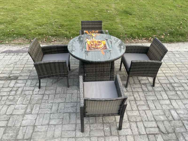 Fimous Outdoor Rattan Garden Furniture Set Gas Fire Pit Round Table Sets Gas Heater with 4 Seater Dining Cahirs Dark Grey Mixed