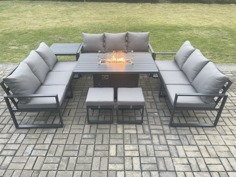 Fimous Aluminium 11 Seater Garden Furniture Outdoor Set Patio Lounge Sofa Gas Fire Pit Dining Table Set with 2 Small Footstools Side Table Dark Grey