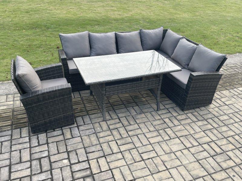 Fimous 7 Seater Garden Rattan Furniture Corner Sofa Dining Table Chair Set with Temper Glass and Cushions Indoor Outdoor Lounge Sofa Set
