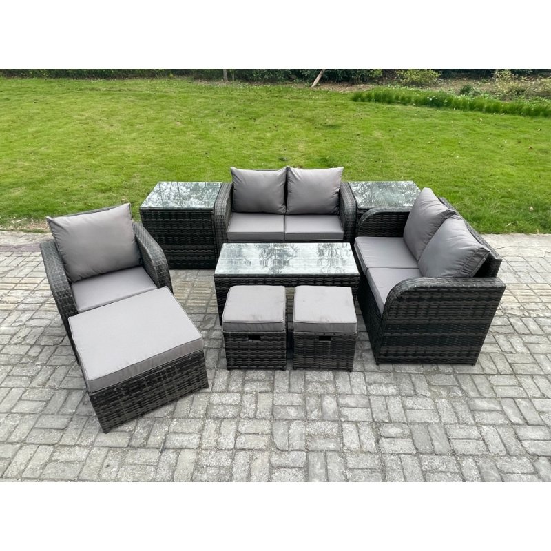 Fimous 8 Seater Rattan Outdoor Garden Furniture Sofa Set Patio Table & Chairs Set with 2 Side Tables 3 Footstools Dark Grey Mixed