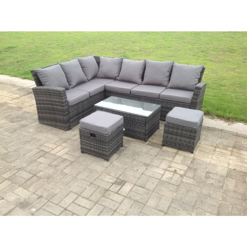 Fimous 8 Seater High Back Rattan Garden Furniture Set Corner Sofa With Oblong Coffee Table Footstool