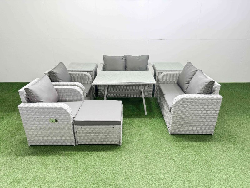 Fimous 7 Seater Rattan Garden Furniture Set Outdoor Love Sofa Set with Rectangular Dining Table 2 Side Tables Big Footstool Light Grey