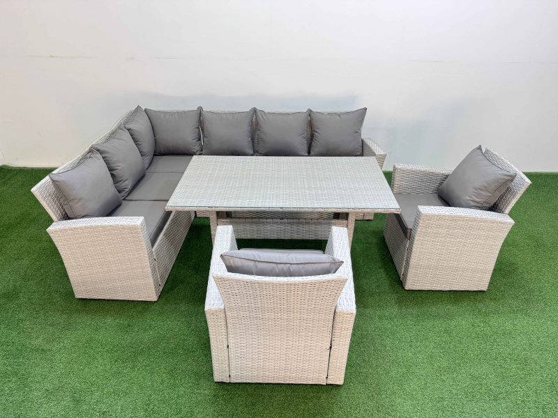 Fimous 8 Seater Rattan Garden Furniture Set Outdoor Patio Dining Corner Sofa Sets with Dining Table 2 Chairs Light Grey Mixed