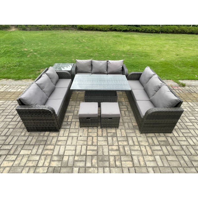 Fimous Patio Garden Dining Set Outdoor Rattan Furniture Lounge Sofa Height Adjustable Rising lifting Table With Side Table 2 Small Footstools Dark Grey Mixed