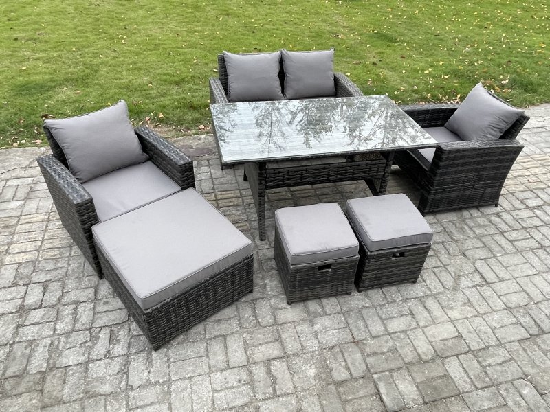 Fimous 7 Seater PE Wicker Outdoor Garden Furniture Set Patio Furniture Rattan Rectangular Dining Table Lounge Sofa with 3 Footstools