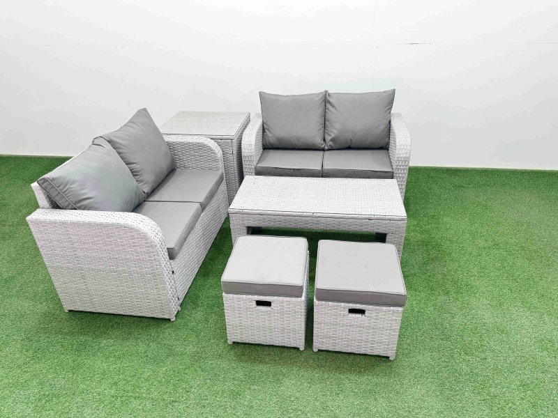 Fimous 6 Seater Outdoor Love Sofa Set Rattan Garden Furniture Set with Oblong Coffee Table 2 Small Stools Side Table Light Grey