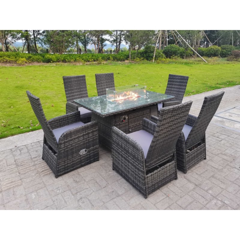 Fimous Rattan Garden Furniture Gas Fire Pit Rectangle Oblong Dining Table And Chairs 6 Seater Plus Rectangular Table